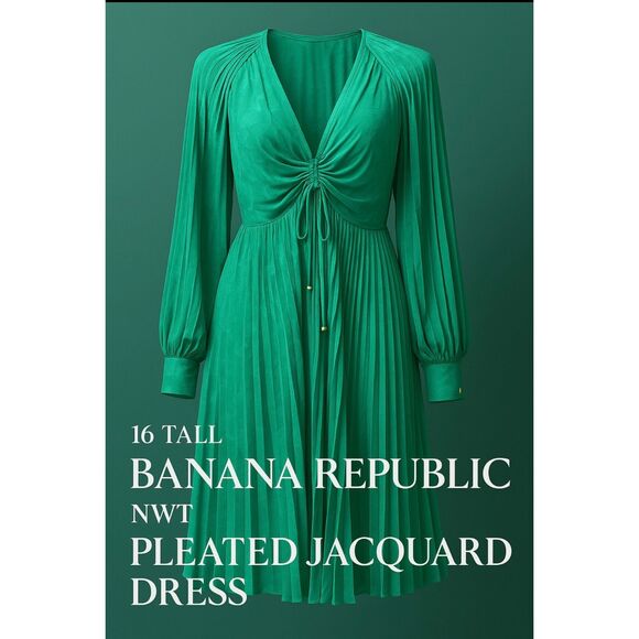 BANANA REPUBLIC | NWT | Size 16 Tall | Emerald Pleated Jacquard Tie-Front Dress - Picture 1 of 9